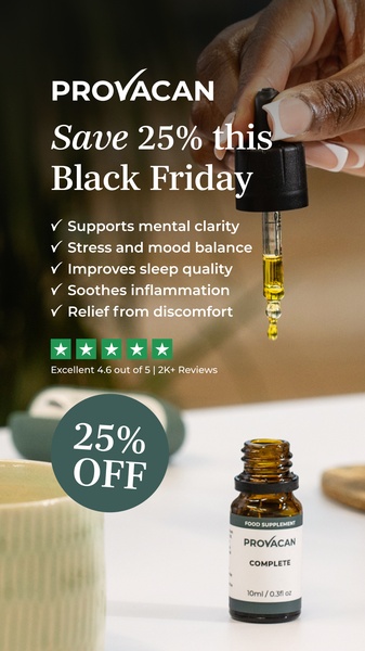 A high-converting 9:16 vertical mobile ad showcasing a CBD dropper, clear bulleted benefits, and a bold 25% off Black Friday discount.